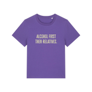 purple christmas t-shirt with the slogan 'alcohol first then relatives'
