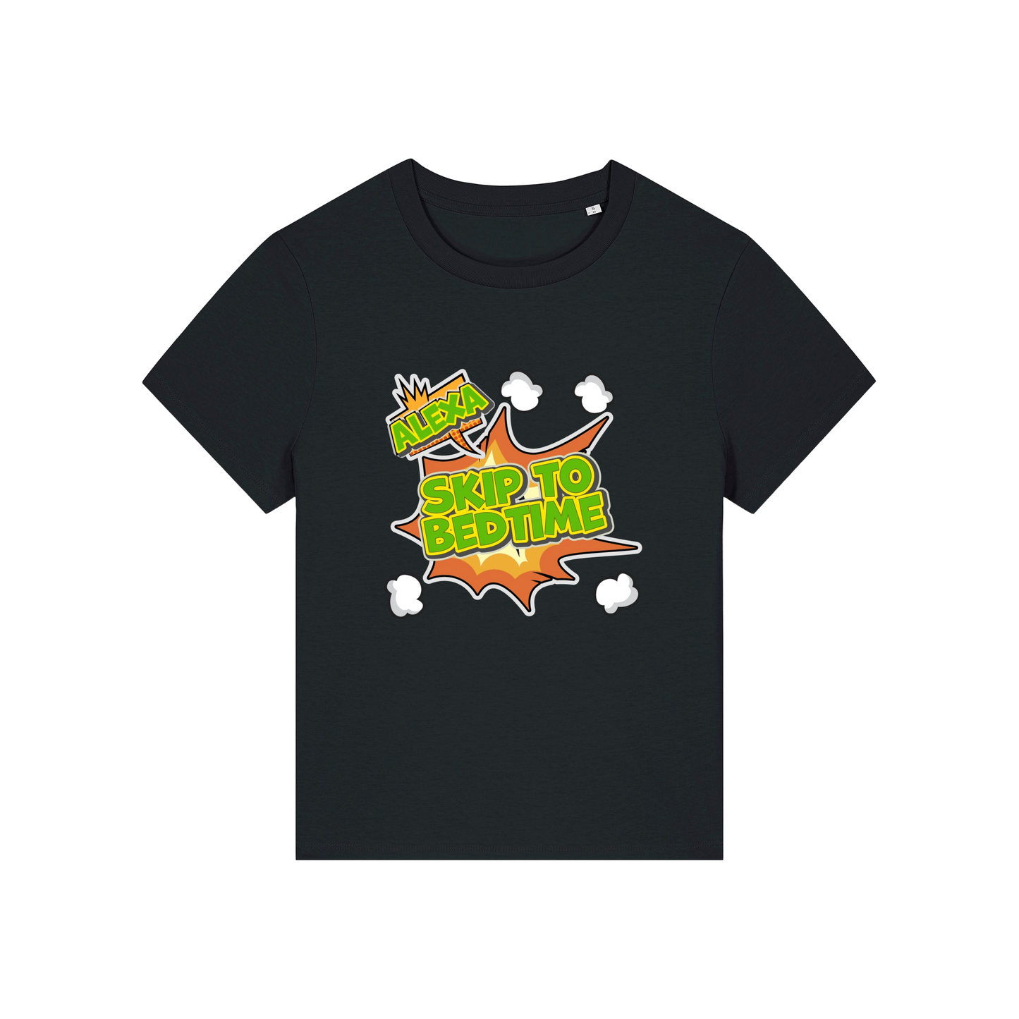 black funny slogan t-shirt with 'alexa skip to bedtime'
