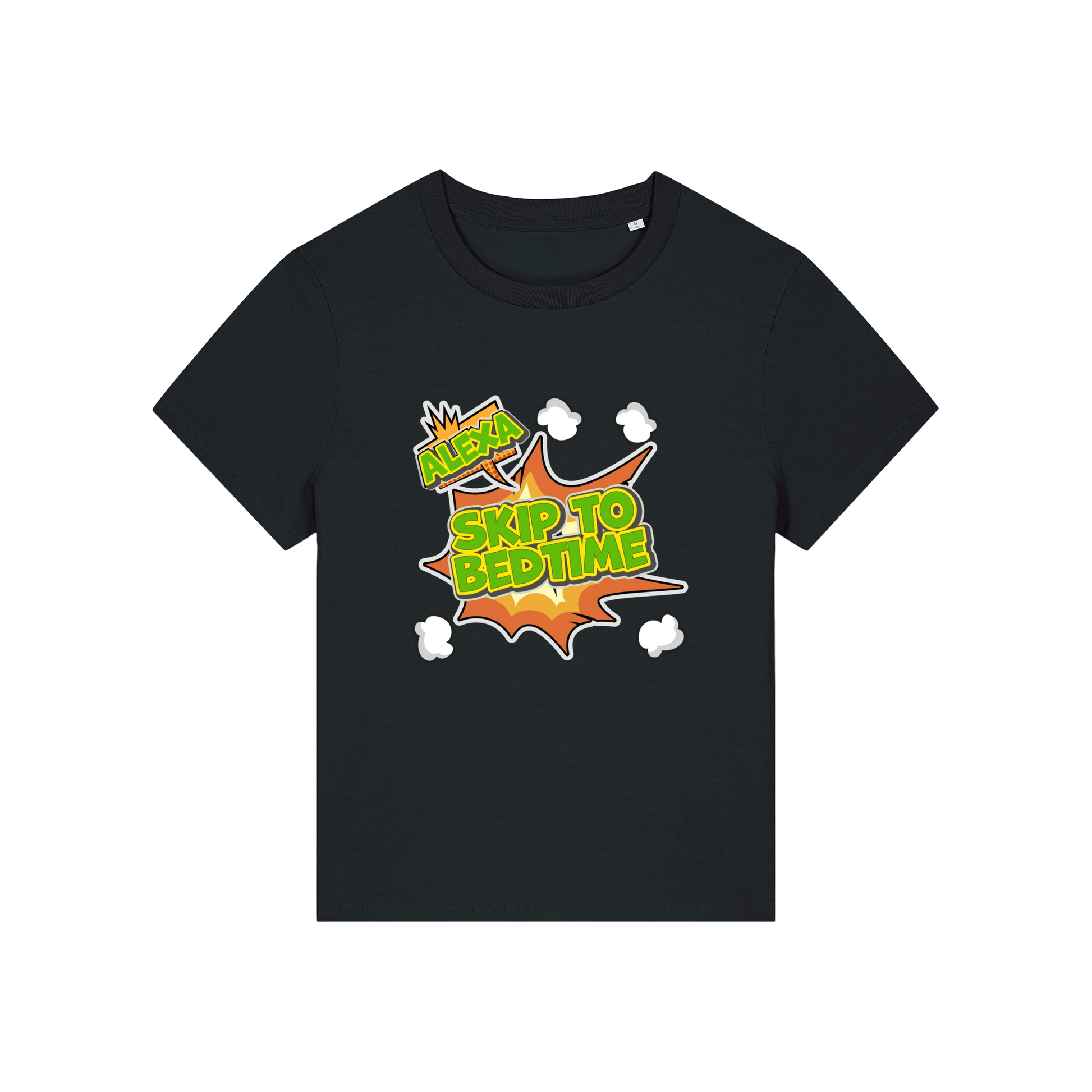 black funny slogan t-shirt with 'alexa skip to bedtime'