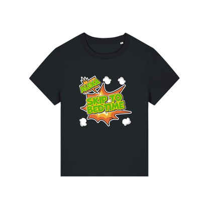 black funny slogan t-shirt with 'alexa skip to bedtime'