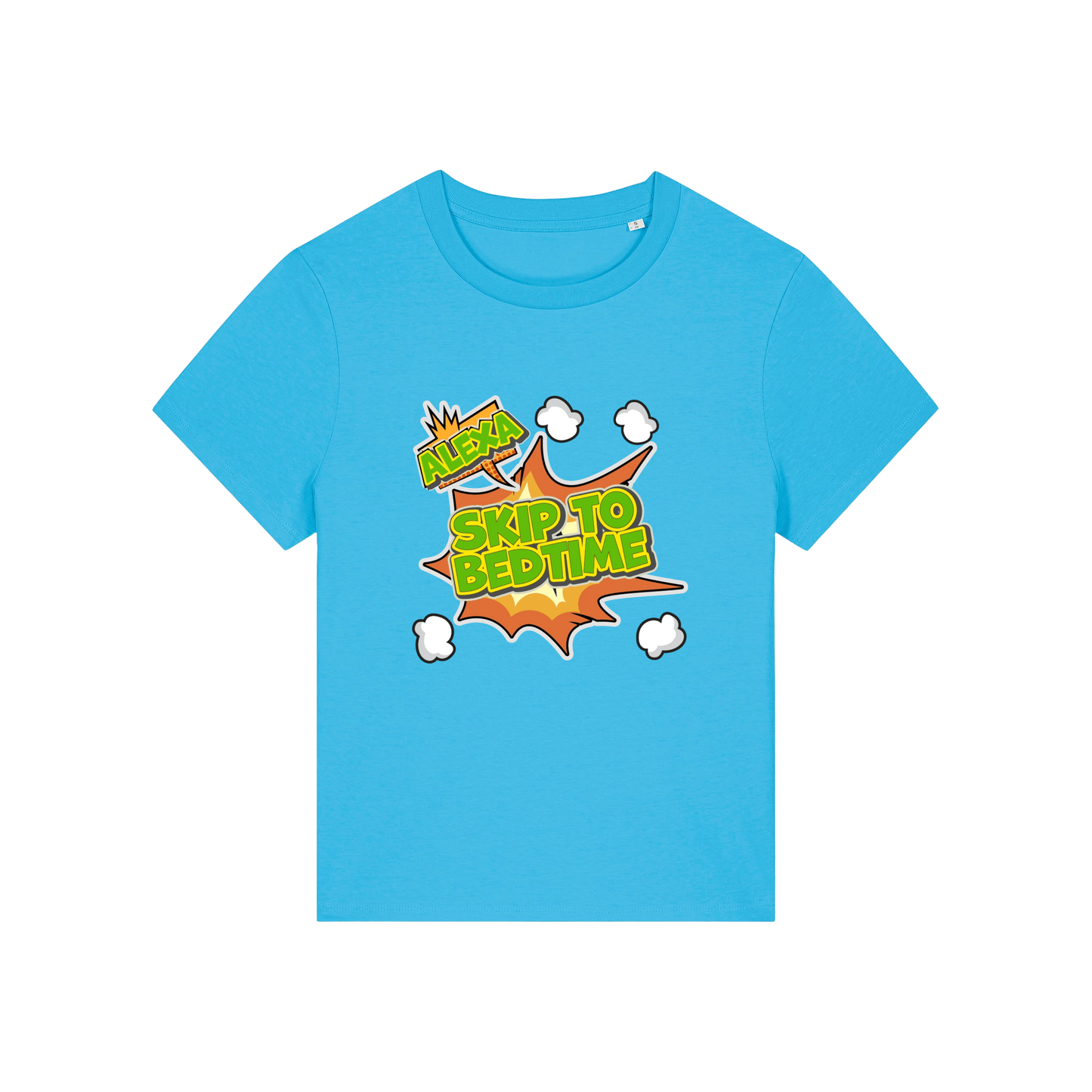 blue funny slogan t-shirt with 'alexa skip to bedtime'
