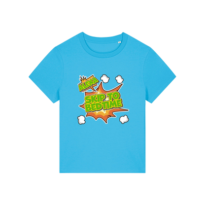 blue funny slogan t-shirt with 'alexa skip to bedtime'