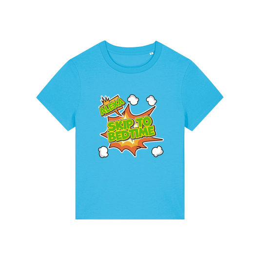 blue funny slogan t-shirt with 'alexa skip to bedtime'
