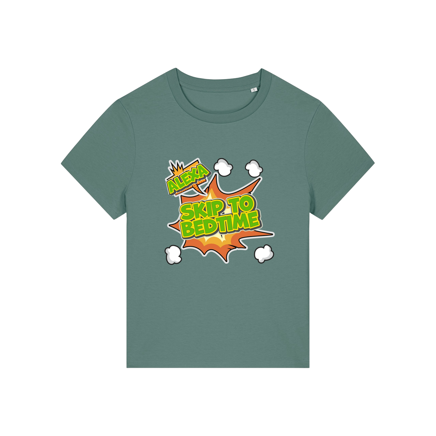 green funny slogan t-shirt with 'alexa skip to bedtime'