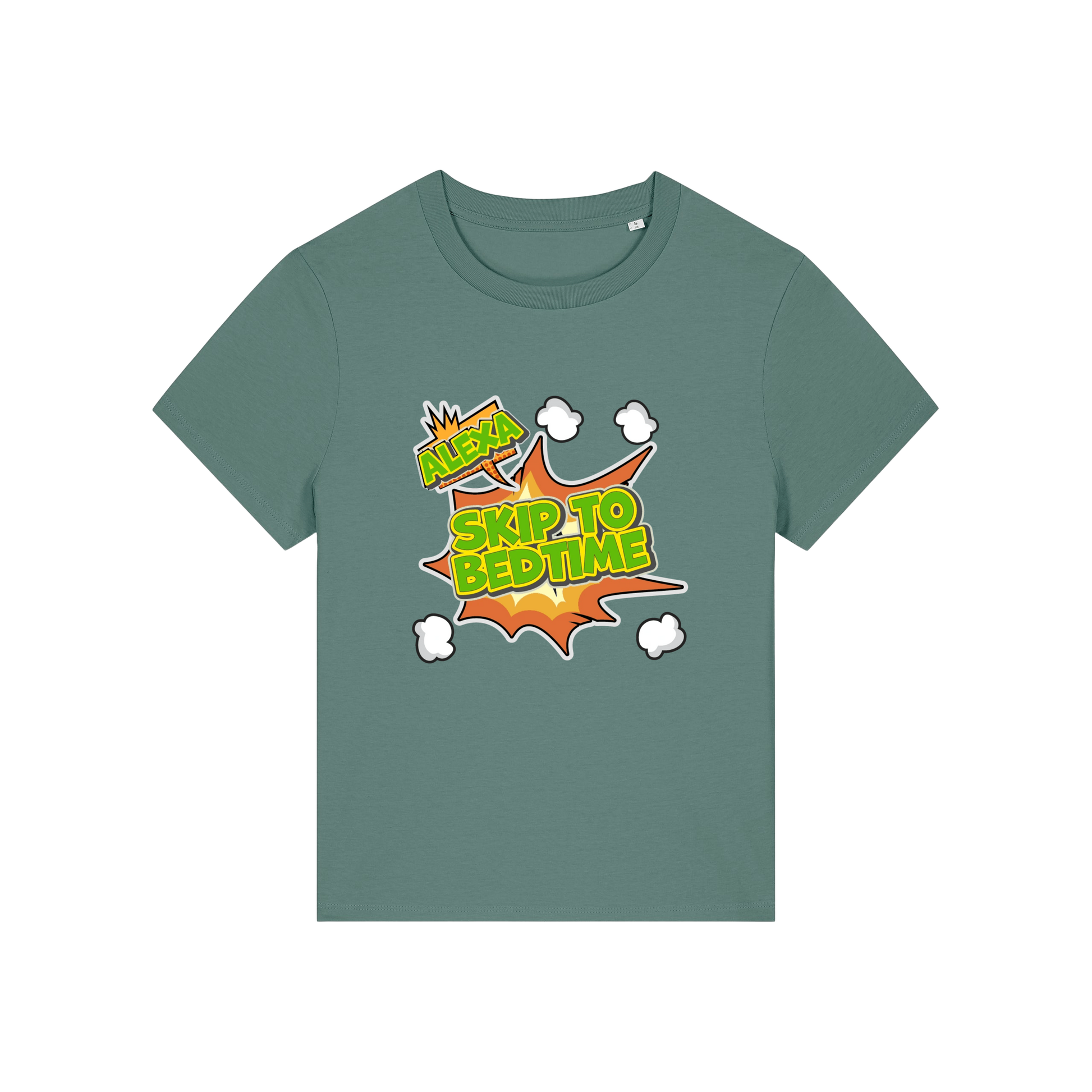 green funny slogan t-shirt with 'alexa skip to bedtime'