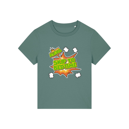 green funny slogan t-shirt with 'alexa skip to bedtime'
