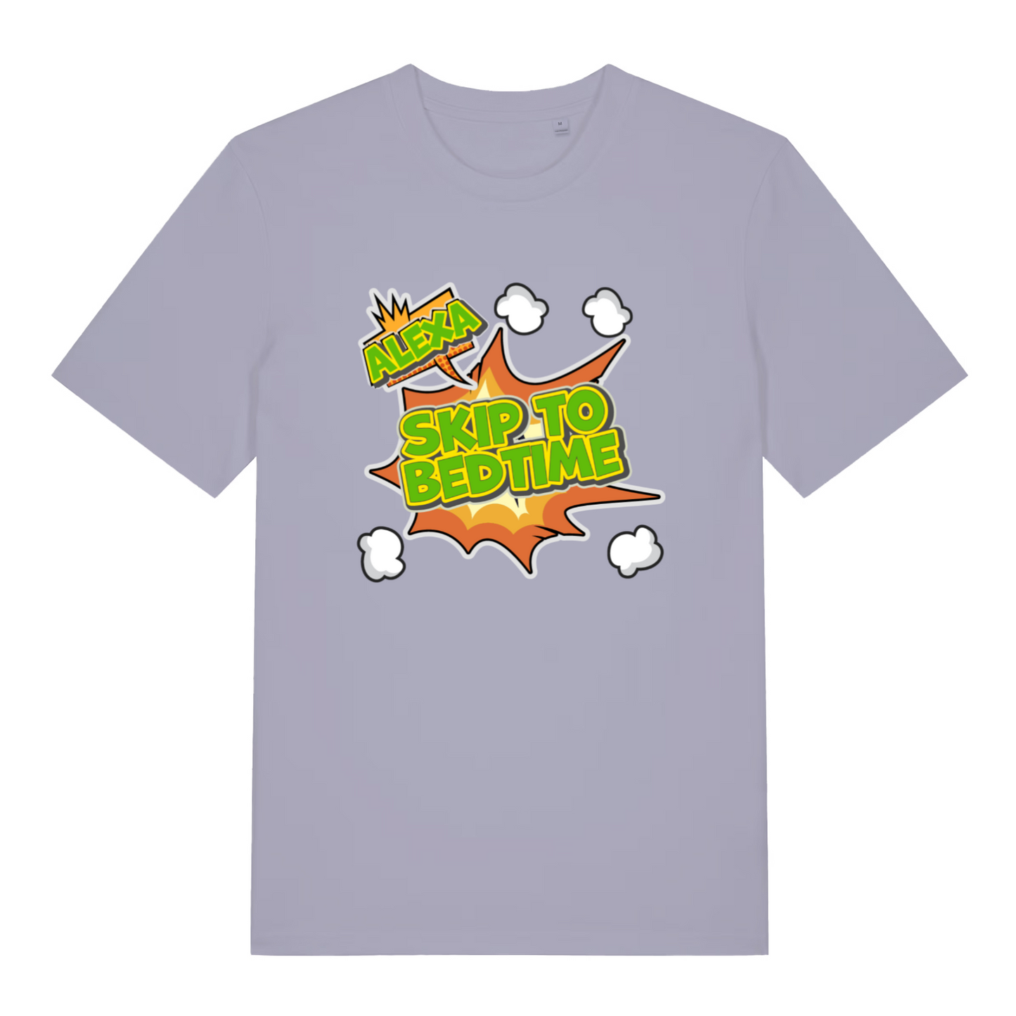 lavender women's funny slogan t-shirt with the text 'alexa skip to bedtime'