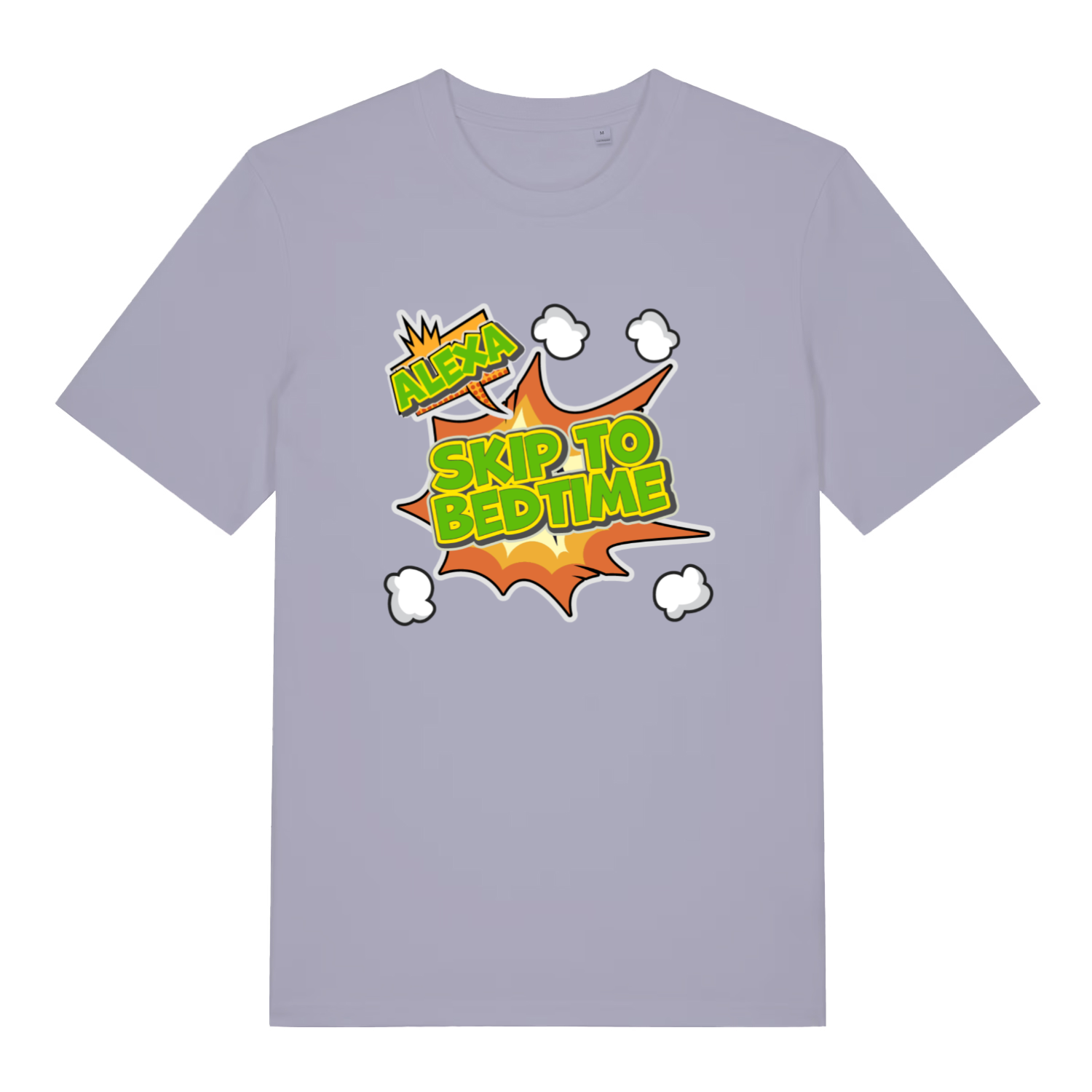 lavender women's funny slogan t-shirt with the text 'alexa skip to bedtime'