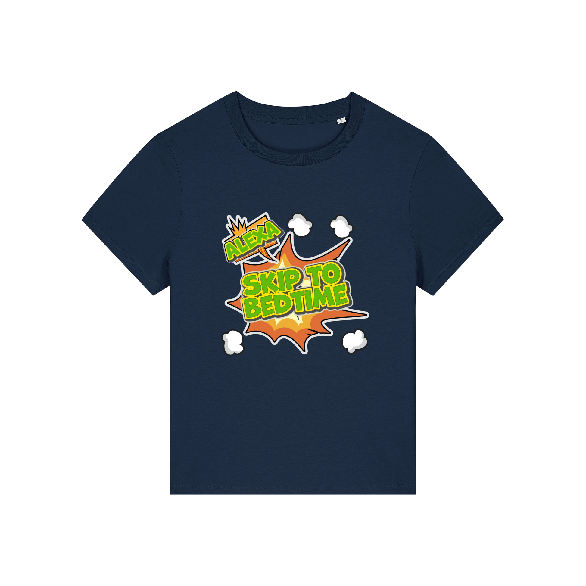 navy funny slogan t-shirt with 'alexa skip to bedtime'