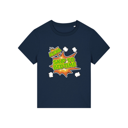 navy funny slogan t-shirt with 'alexa skip to bedtime'