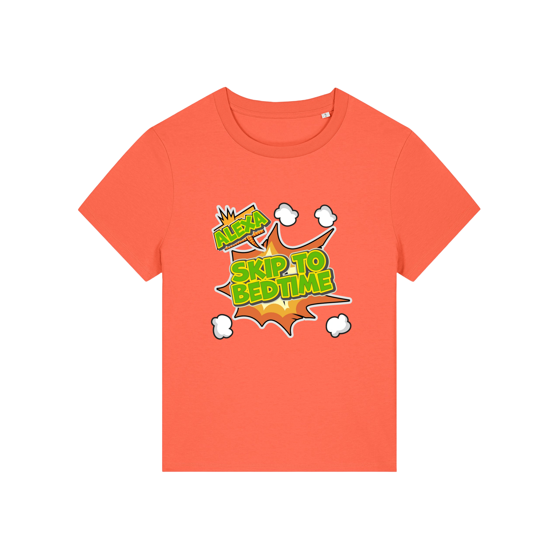 orange funny slogan t-shirt with 'alexa skip to bedtime'