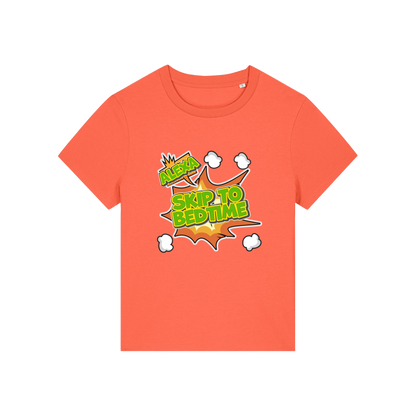 orange funny slogan t-shirt with 'alexa skip to bedtime'