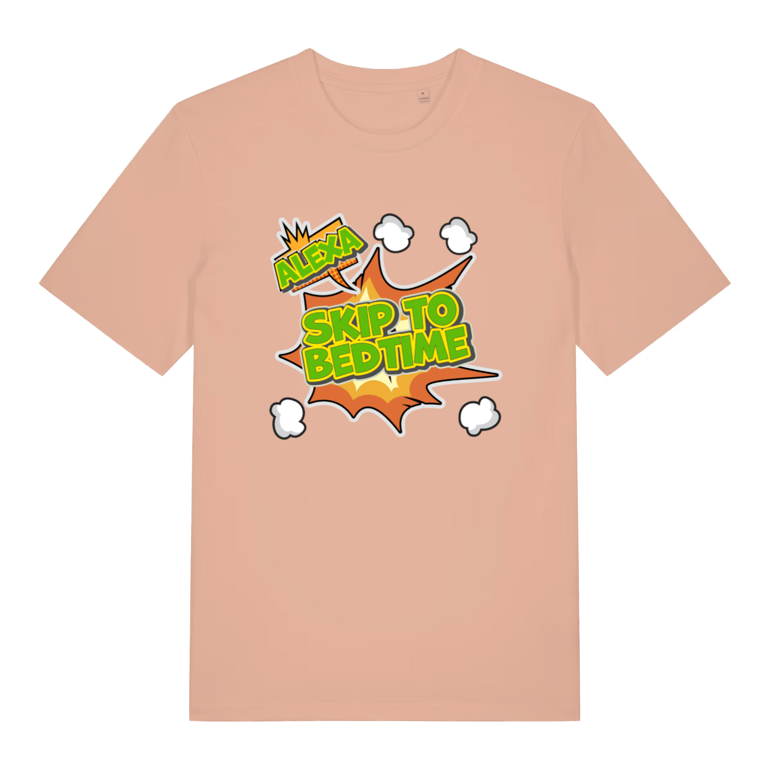 peach women's funny slogan t-shirt with the text 'alexa skip to bedtime'