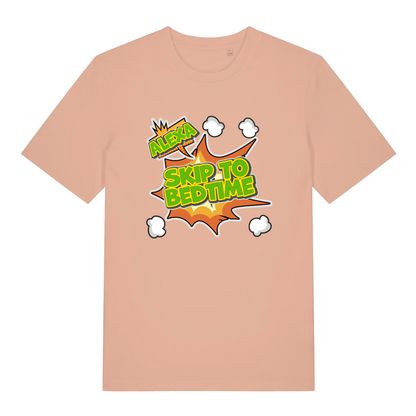 peach women's funny slogan t-shirt with the text 'alexa skip to bedtime'