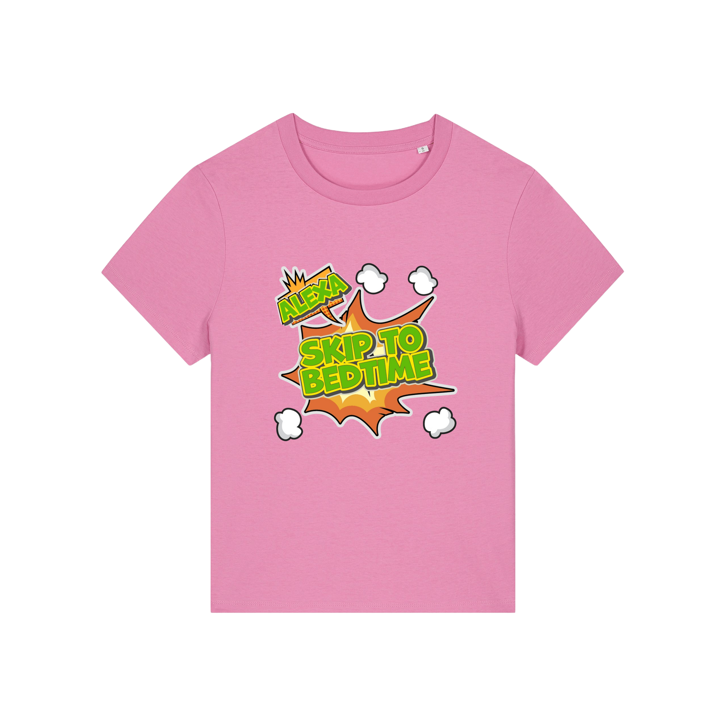 pink funny slogan t-shirt with 'alexa skip to bedtime'