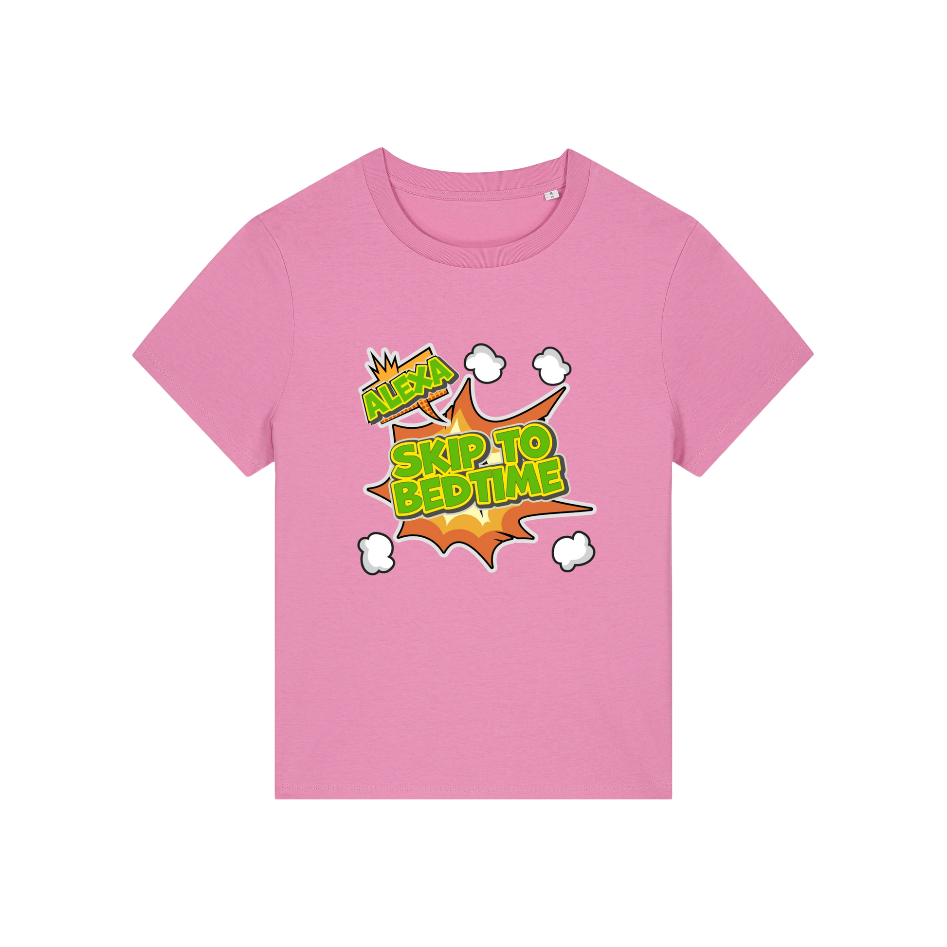 pink funny slogan t-shirt with 'alexa skip to bedtime'
