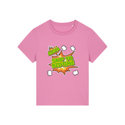 pink funny slogan t-shirt with 'alexa skip to bedtime'