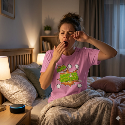Woman in pink 'Skip to Bedtime' shirt yawning in bed with a nightstand and lamp in the foreground.
