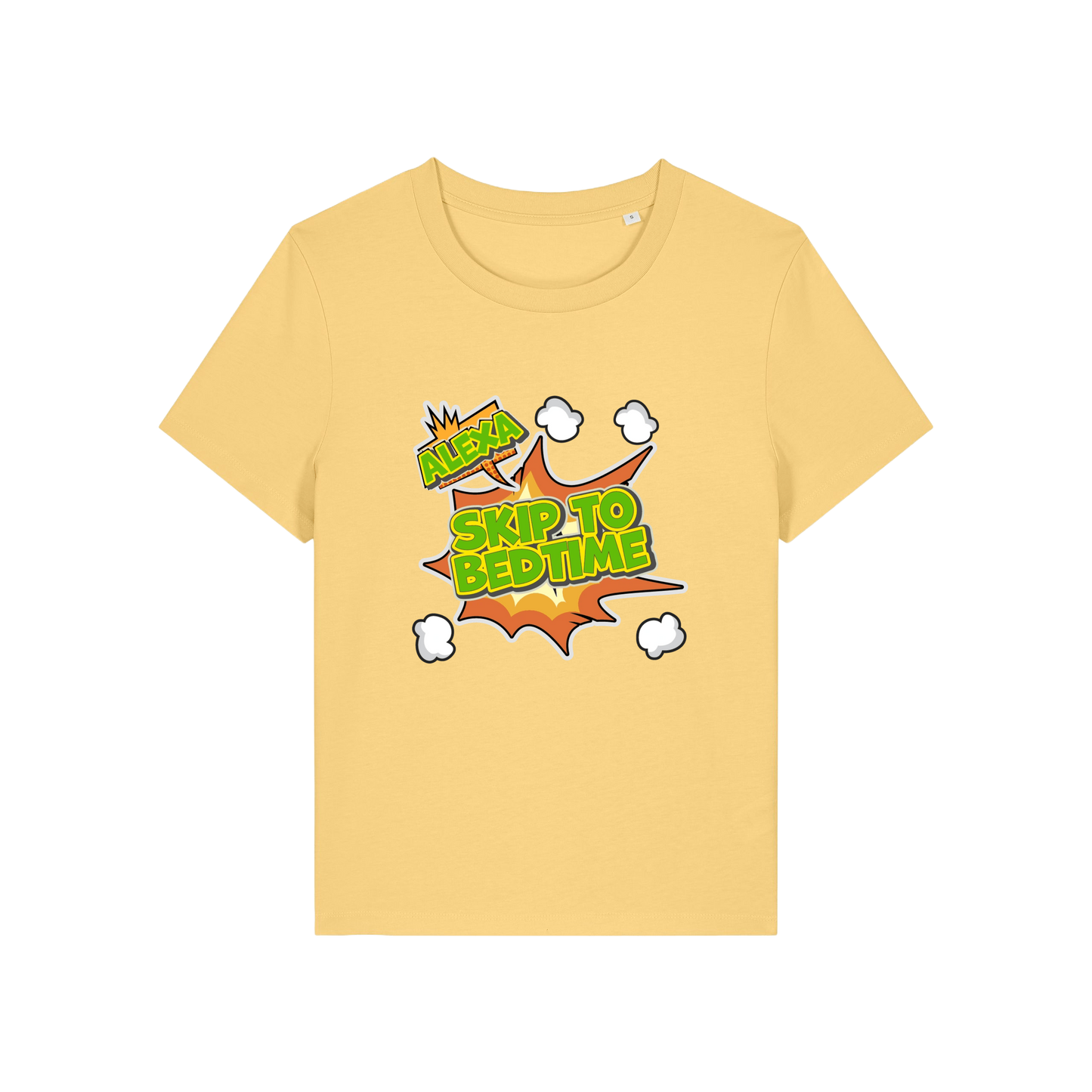 yellow funny slogan t-shirt with 'alexa skip to bedtime'