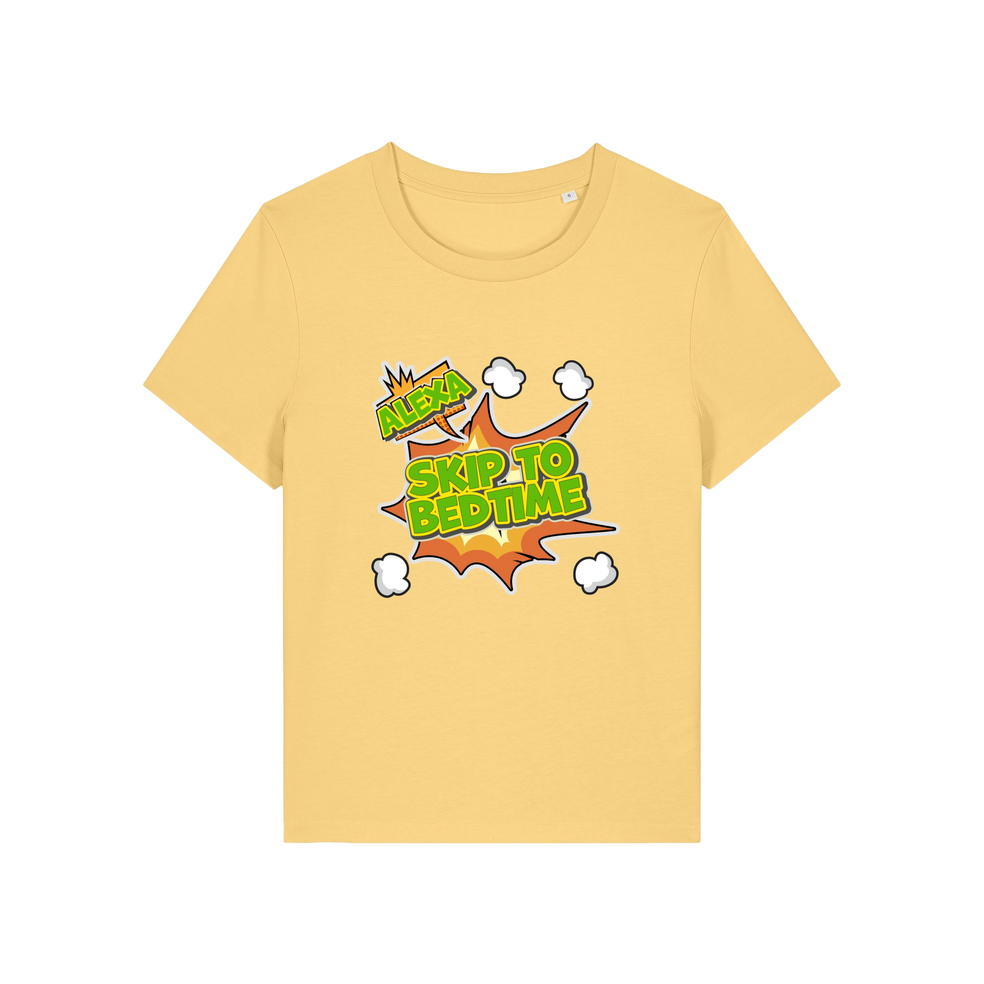 yellow funny slogan t-shirt with 'alexa skip to bedtime'