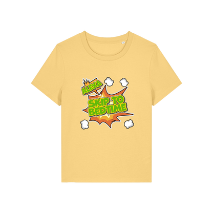 yellow funny slogan t-shirt with 'alexa skip to bedtime'