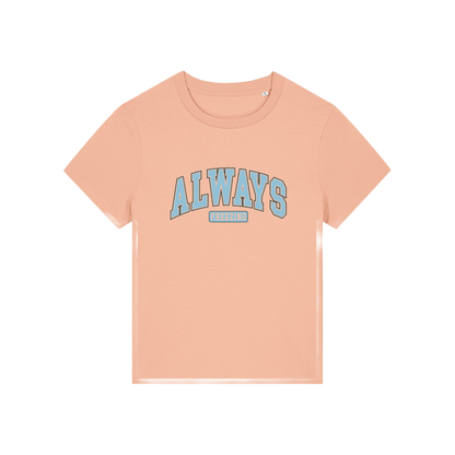 peach slogan t-shirt with 'always freezing'