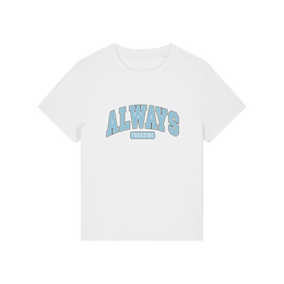 white slogan t-shirt with 'always freezing'