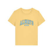 yellow slogan t-shirt with 'always freezing'