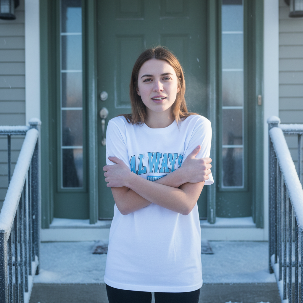 Person wearing a white slogan t-shirt that reads 'always freezing' standing in front of a green door.