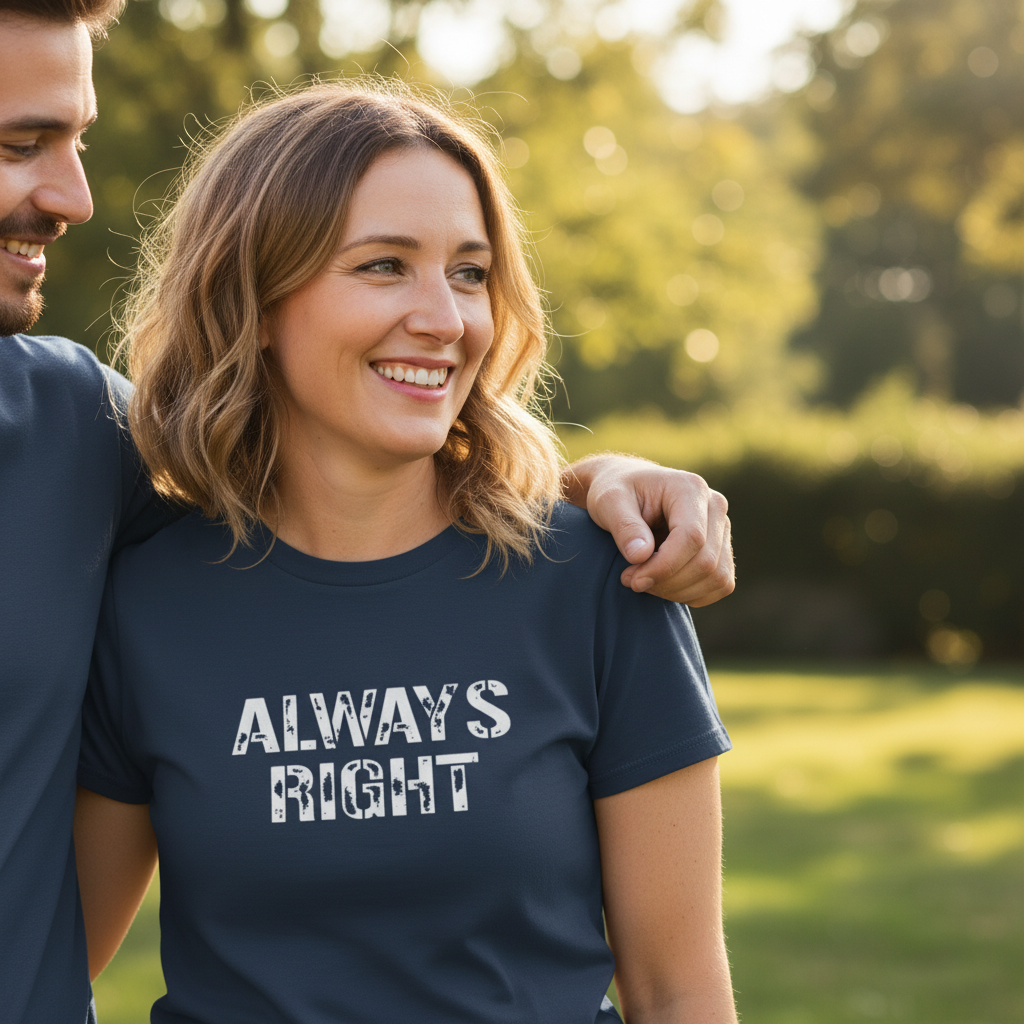Woman wearing a 'Always Right' t-shirt with a man standing behind her in a park setting.