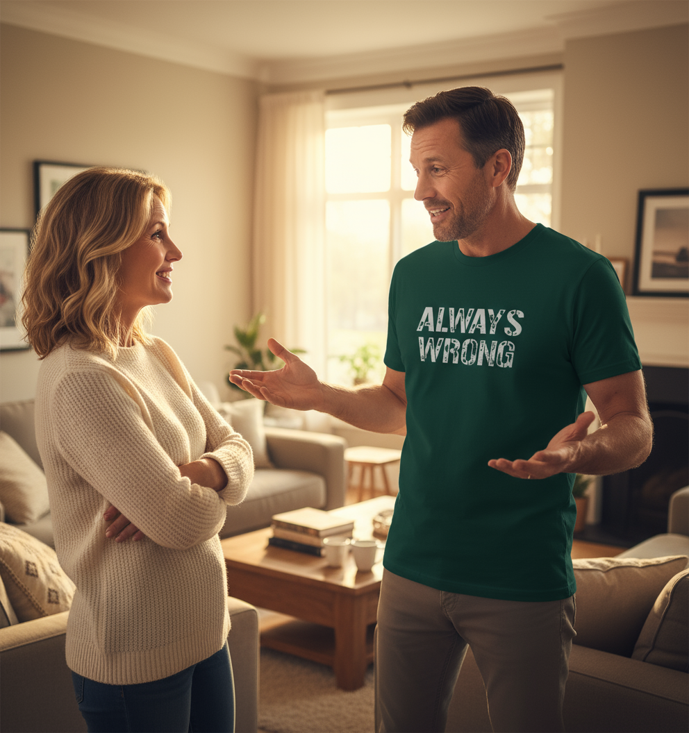 Man wearing a green t-shirt with 'ALWAYS WRONG' text, engaging in conversation with a woman in a living room.