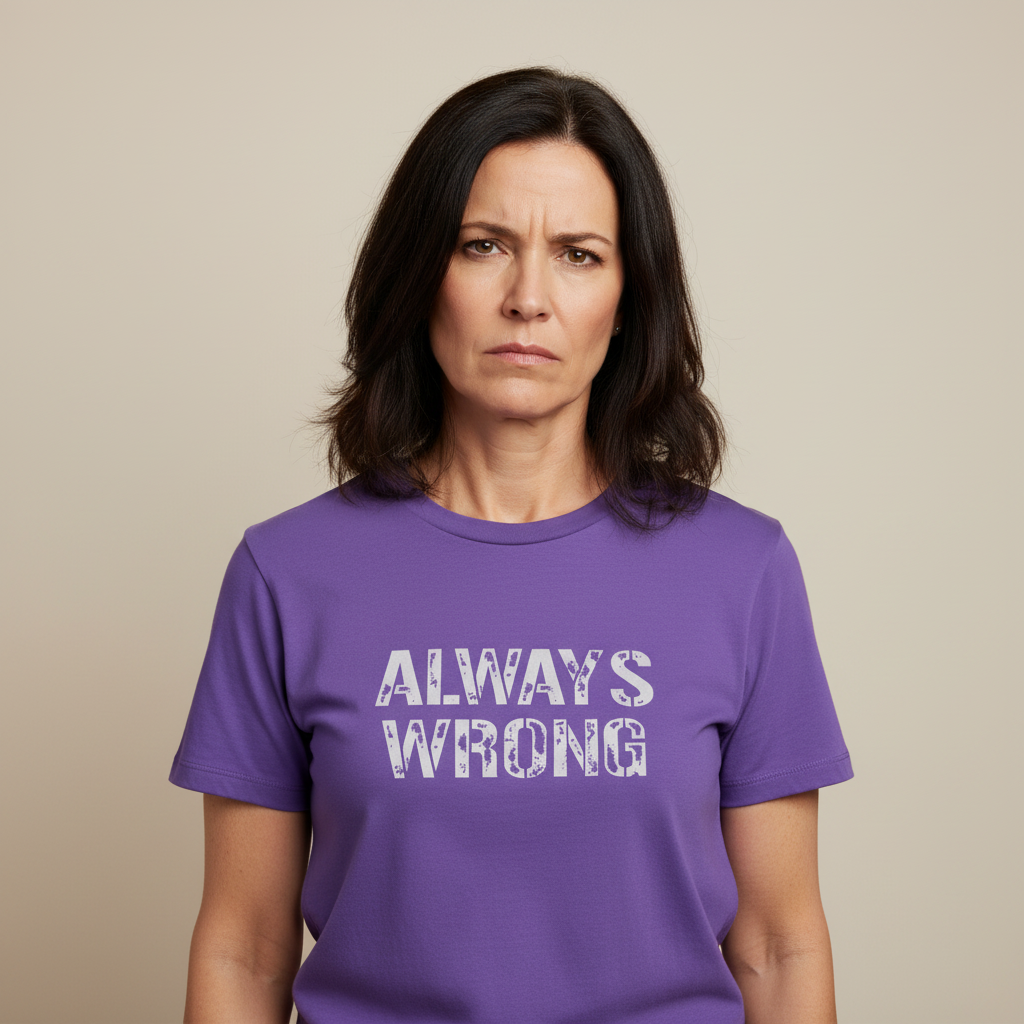 Woman wearing a purple t-shirt with 'ALWAYS WRONG' text on a beige background