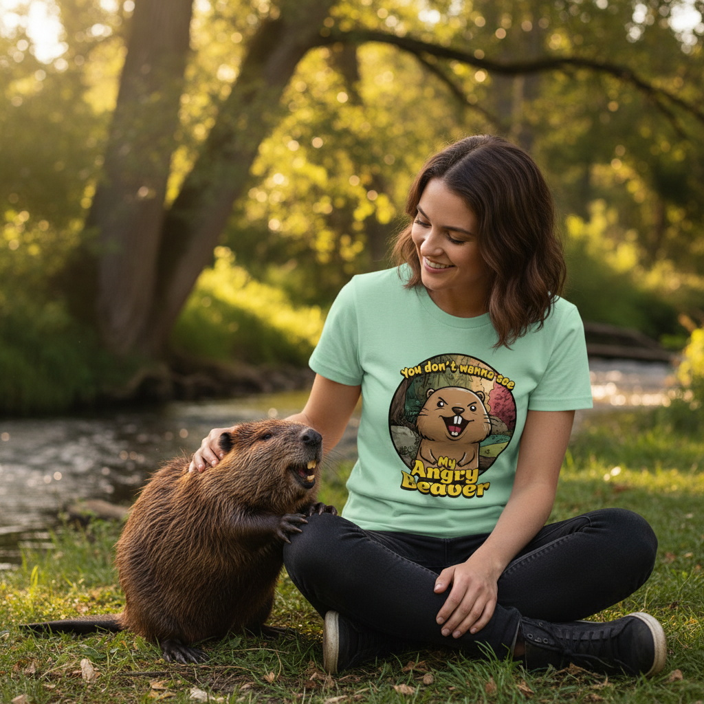 Woman wearing a t-shirt with an angry beaver graphic sitting next to a beaver in a natural setting.