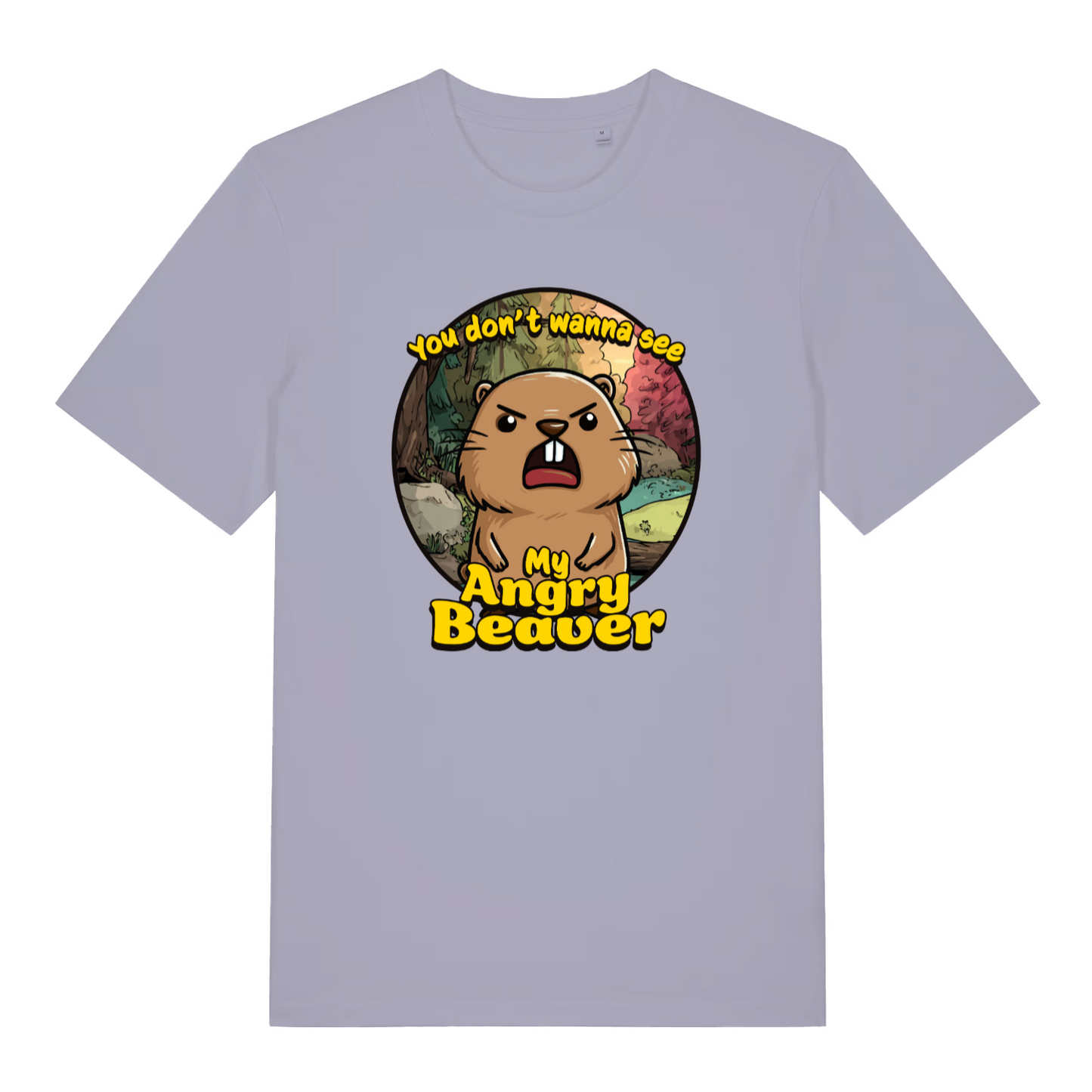 lavender women's funny animal t-shirt with the graphic of a beaver and the slogan 'you don't wanna see my angry beaver'