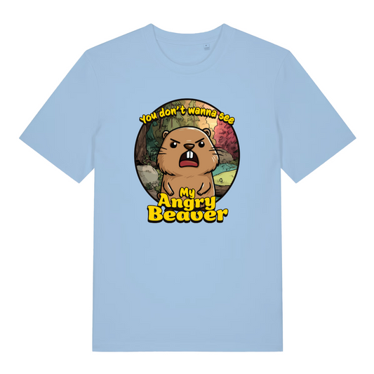 light blue women's funny animal t-shirt with the graphic of a beaver and the slogan 'you don't wanna see my angry beaver'