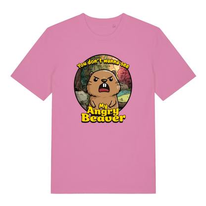 pink women's funny animal t-shirt with the graphic of a beaver and the slogan 'you don't wanna see my angry beaver'