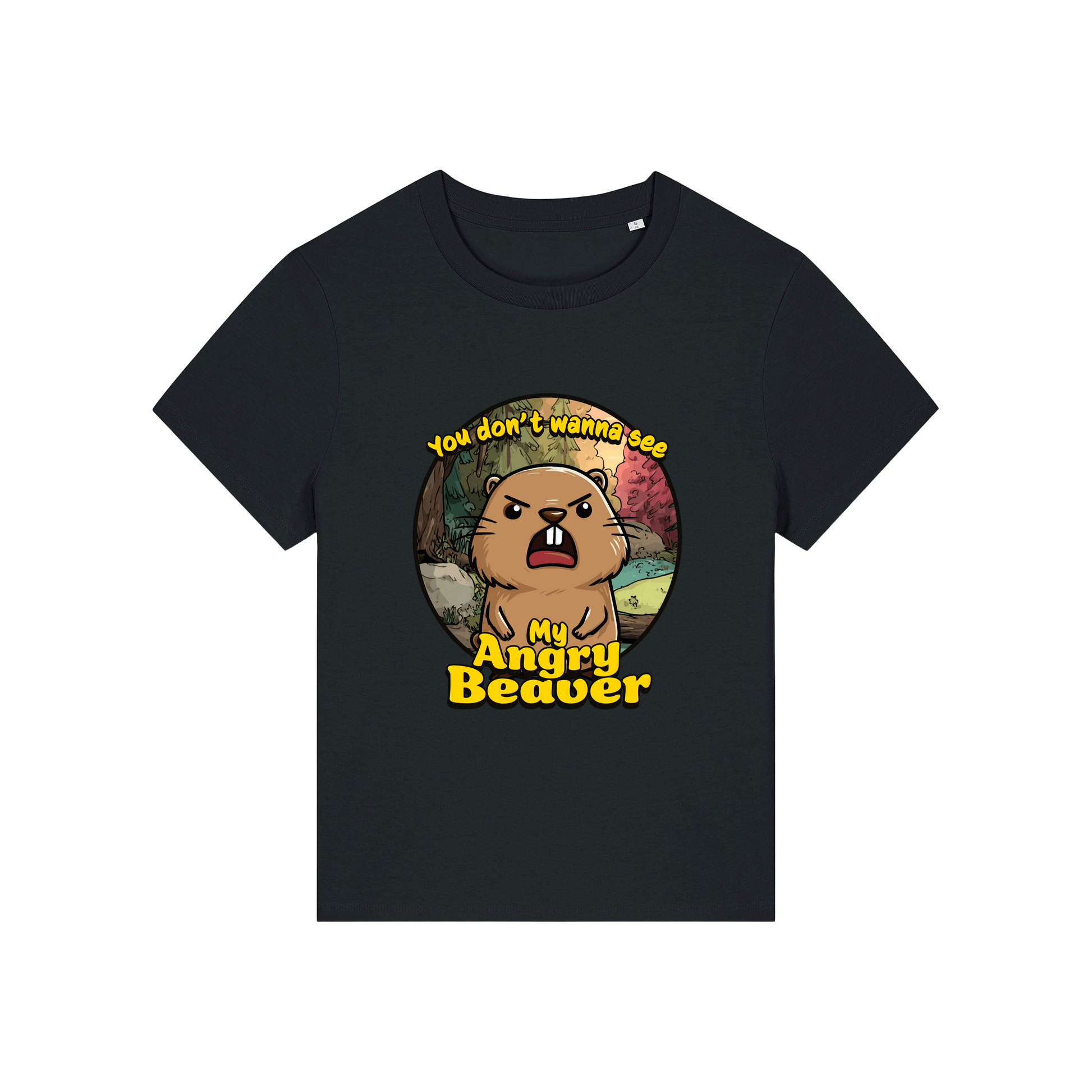 black rude t-shirt with the graphic of a beaver and the slogan 'you don't wanna see my angry beaver'
