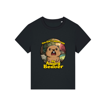 black rude t-shirt with the graphic of a beaver and the slogan 'you don't wanna see my angry beaver'