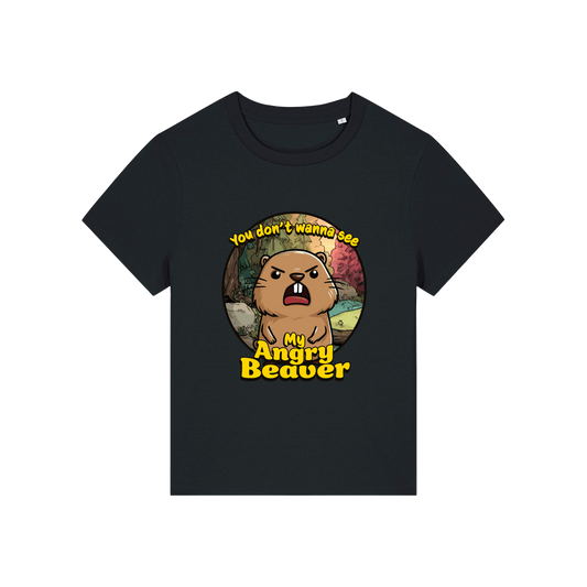 black rude t-shirt with the graphic of a beaver and the slogan 'you don't wanna see my angry beaver'