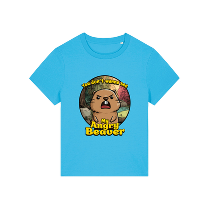 blue rude t-shirt with the graphic of a beaver and the slogan 'you don't wanna see my angry beaver'