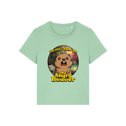green rude t-shirt with the graphic of a beaver and the slogan 'you don't wanna see my angry beaver'
