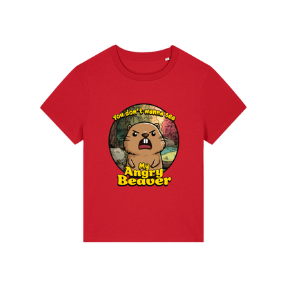 red rude t-shirt with the graphic of a beaver and the slogan 'you don't wanna see my angry beaver'