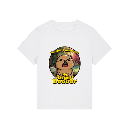 white rude t-shirt with the graphic of a beaver and the slogan 'you don't wanna see my angry beaver'