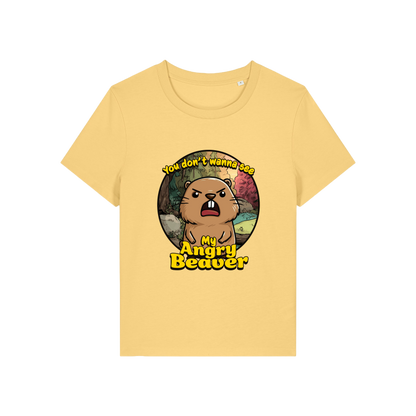 yellow rude t-shirt with the graphic of a beaver and the slogan 'you don't wanna see my angry beaver'
