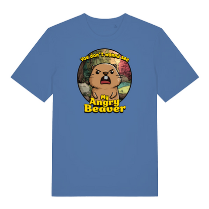 bright blue funny animal t-shirt with the graphic of a beaver and the slogan 'you don't wanna see my angry beaver'