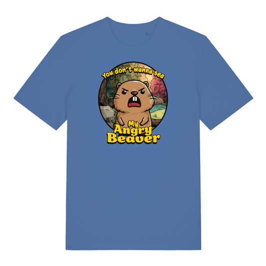 bright blue funny animal t-shirt with the graphic of a beaver and the slogan 'you don't wanna see my angry beaver'