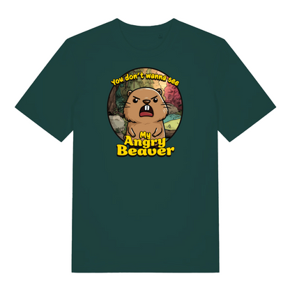 green funny animal t-shirt with the graphic of a beaver and the slogan 'you don't wanna see my angry beaver'