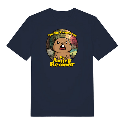 navy funny animal t-shirt with the graphic of a beaver and the slogan 'you don't wanna see my angry beaver'