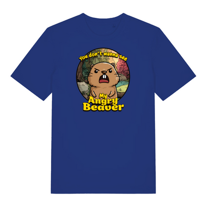 royal blue funny animal t-shirt with the graphic of a beaver and the slogan 'you don't wanna see my angry beaver'