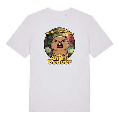 white funny animal t-shirt with the graphic of a beaver and the slogan 'you don't wanna see my angry beaver'